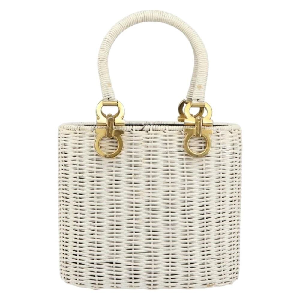 Salvatore Ferragamo Rattan Gancini Handbag White Gold